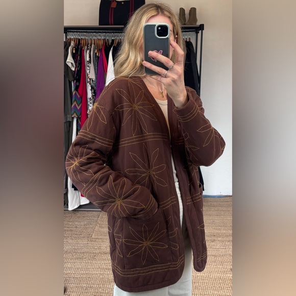 Zara Brown Oversized Knit 100% Cotton Flower Embroidered Cardigan Shacket Jacket - Picture 4 of 10